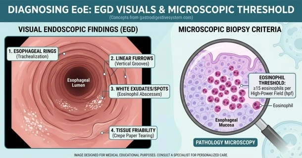Medical infographic banner mapping out Eosinophilic Esophagitis diagnosis criteria, showing EGD visual findings such as concentric rings and linear furrows alongside a microscopic biopsy threshold lens displaying heavy eosinophil infiltration.
