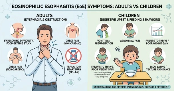Medical article banner infographic charting Eosinophilic Esophagitis (EoE) symptoms across different life stages, comparing feeding refusal in infants, stomach pain in children, and dysphagia with food impaction in adults.