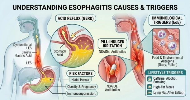 Medical infographic illustrating the primary causes of esophagitis, showing a weakened lower esophageal sphincter allowing acid reflux, pill-induced irritation, and allergic tissue triggers.