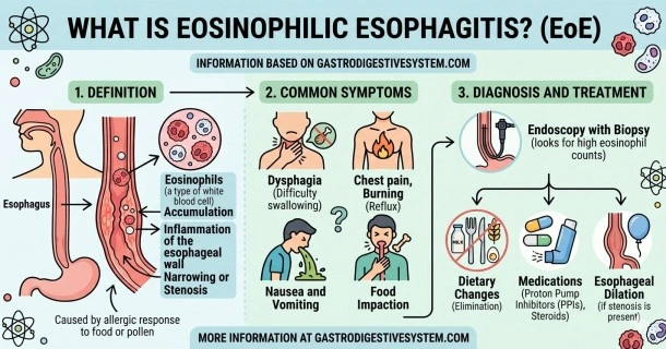 Medical infographic in English explaining Eosinophilic Esophagitis (EoE), detailing the accumulation of white blood cells causing esophageal narrowing, common clinical symptoms like dysphagia, and medical management options including endoscopy and dietary changes.