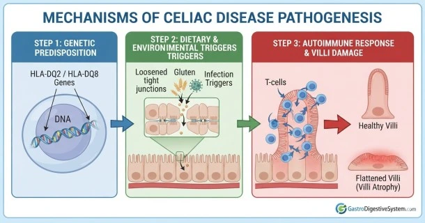 • A medical illustration explaining the causes of celiac disease. From left to right, the diagram shows three steps: 1) Genetic Predisposition featuring HLA-DQ2 and HLA-DQ8 genes, 2) Dietary and Environmental Triggers showing gluten peptides and a virus passing through a loose intestinal wall barrier, and 3) The Autoimmune Response showing T-cells mistakenly attacking and flattening the delicate villi lining of the small intestine.