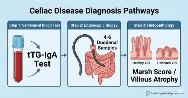 • A medical infographic illustrating the clinical pathways for celiac disease diagnosis. The diagram presents three consecutive panels from left to right: Step 1 shows a serological blood vial labeled for tTG-IgA screening; Step 2 depicts an upper endoscopy collecting 4 to 6 duodenal tissue samples; Step 3 compares healthy finger-like intestinal villi side-by-side with flattened villi representing tissue atrophy graded by the Marsh score classification.