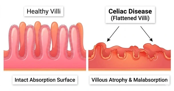 • Medical infographic chart comparing a healthy small intestine lining with long finger-like villi against an inflamed celiac disease lining with severely flattened villi.