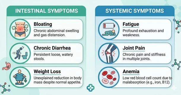 • Medical infographic chart detailing the clinical symptoms of celiac disease, divided into structural intestinal signs and systemic extraintestinal markers.