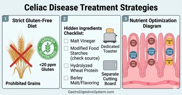 • A high-density medical infographic outlining celiac disease treatment strategies. The image is split into three tightly arranged panels: Step 1 presents a strict gluten-free diet banner with cross-contamination grain icons and a certified gluten-free standard seal; Step 2 displays a checklist detailing hidden gluten ingredients next to kitchen icons; Step 3 visualizes nutrient optimization where healthy intestinal villi absorb iron, calcium, and vitamin D markers.
