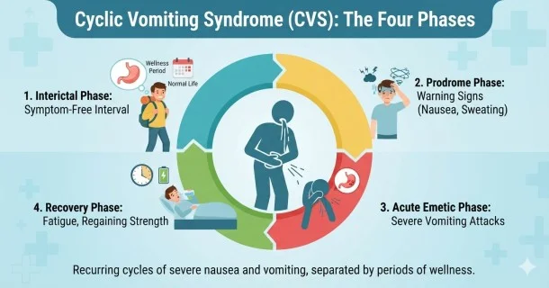Infographic diagram illustrating the four stereotypic phases of Cyclic Vomiting Syndrome (CVS): Interictal, Prodrome, Acute Emetic, and Recovery.