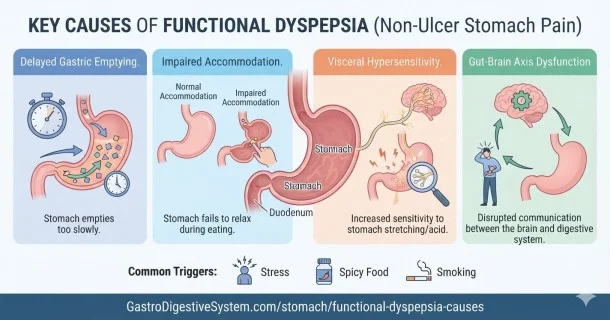Infographic outlining the four main causes of functional dyspepsia: visceral hypersensitivity, impaired gastric accommodation, microscopic inflammation, and the gut-brain axis under stress.