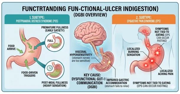 • An introductory medical infographic explaining Functional Dyspepsia (Non-Ulcer Stomach Pain), mapping out the Rome IV classifications to compare Postprandial Distress Syndrome (PDS) and Epigastric Pain Syndrome (EPS).