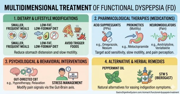 • Medical infographic depicting multi-dimensional treatments for functional dyspepsia: prescription therapies (neuromodulators, PPIs, prokinetics), herbal alternatives (Iberogast, peppermint oil), and gut-directed psychotherapies like CBT.