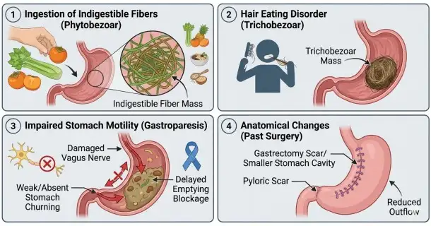 Medical infographic outlining the dual pathways of bezoar formation: ingestion of indigestible fibers or hair combined with gastric motility issues like gastroparesis.