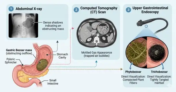 Medical infographic outlining the step-by-step diagnosis of a gastric bezoar, comparing an abdominal imaging scan (X-ray/CT) with the definitive view from an upper endoscopy.