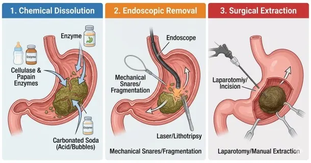 • Medical infographic depicting three primary treatment pathways for stomach bezoars: chemical dissolution using acidic enzymes, endoscopic fragmentation using mechanical tools, and open surgical extraction.