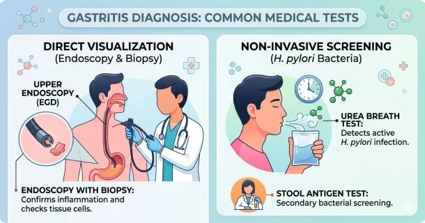• A clinical diagram showing the medical diagnostic tools for gastritis, visualizing an upper endoscopy visual check of the stomach lining alongside non-invasive H. pylori breath and laboratory tests.