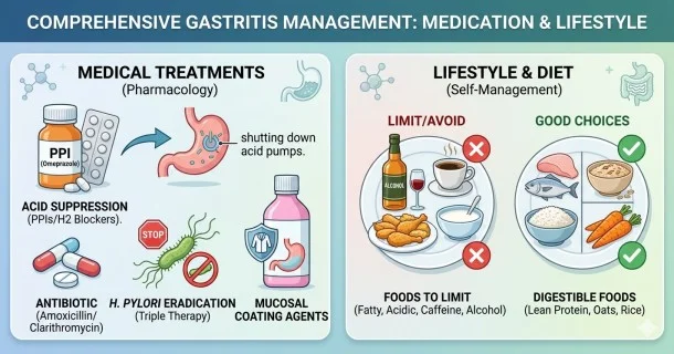 • A medical infographic illustrating gastritis treatment protocols, displaying primary medication options like PPIs alongside helpful recovery nutrition tips.