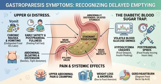 A • medical infographic detailing gastroparesis symptoms, mapping core warning signs like early satiety and bloating alongside the diabetic blood sugar trap.