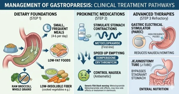 A • medical infographic displaying the clinical treatment pathways for gastroparesis, detailing step-by-step management from dietary foundations to prokinetic medications and advanced therapies.
