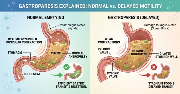 • A medical infographic illustrating the mechanics of gastroparesis, contrasting normal rhythmic contractions and gastric emptying against a stomach with damaged vagus nerve signals and delayed movement.