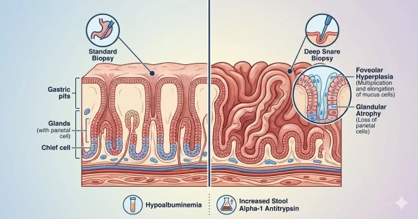 • Medical diagram for diagnosing Ménétrier's disease, showing a comparison between a healthy gastric pit and foveolar hyperplasia alongside glandular atrophy under microscopic evaluation.