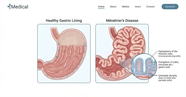 • Medical illustration showing a cross-section of a human stomach with massive, brain-like cerebriform folds characteristic of Ménétrier's disease gastropathy.