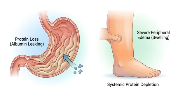 • Medical infographic illustrating the symptoms of Ménétrier's disease, highlighting abdominal ascites, severe peripheral leg edema, and the microscopic mechanism of protein loss through thickened gastric folds.