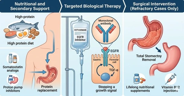 • Medical infographic banner detailing the treatment options for Ménétrier's disease, showing targeted biological therapy (blocking EGFR), clinical nutrition solutions (high-protein and TPN), and surgical options (gastrectomy).