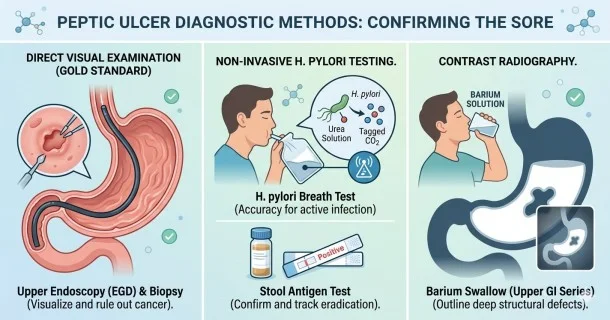 • A precise medical infographic showing peptic ulcer diagnosis methods, contrasting an upper endoscopy examination of a tissue tear with a non-invasive H. pylori urea breath test.