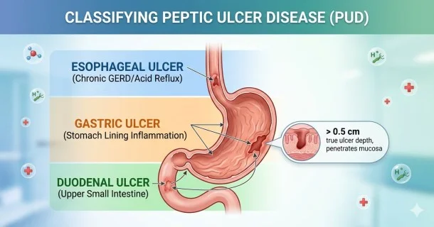 • A medical anatomical diagram illustrating the three types of peptic ulcer disease, visually mapping the exact locations of esophageal, gastric, and duodenal ulcers within the upper digestive tract. Now that your core Peptic Ulcer Disease Hub is 