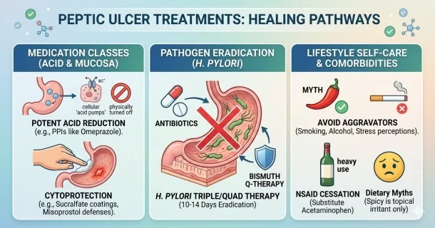• A clinical medical infographic displaying modern peptic ulcer treatment options, contrasting pharmacological treatments like PPIs and H. pylori triple therapy antibiotics with lifestyle self-care adjustments.