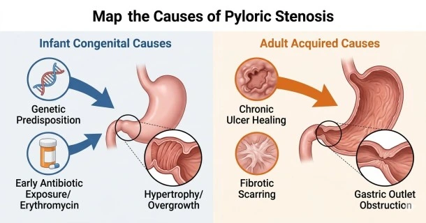 • Medical infographic mapping the dual pathways of pyloric stenosis causes: infant genetic and antibiotic factors alongside adult chronic peptic ulcer scarring.