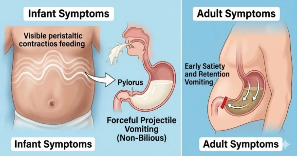 • Medical vector infographic displaying prominent physical signs of pyloric stenosis in infants, highlighting visible wave-like ripples on the abdominal wall.