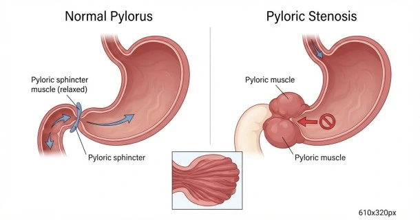 • Medical illustration contrasting a healthy stomach pylorus with a narrowed, thickened pyloric sphincter muscle characteristic of pyloric stenosis.
