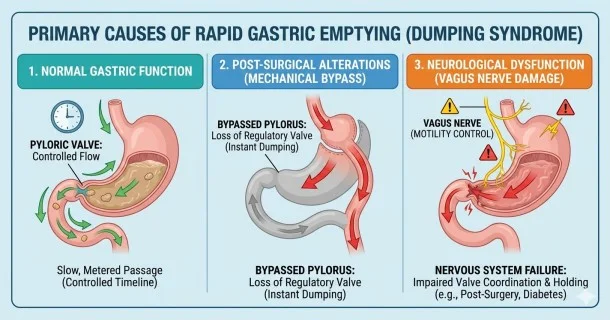 • An anatomical infographic mapping out the primary causes of Rapid Gastric Emptying (Dumping Syndrome), comparing normal gastric flow regulated by a functioning pyloric valve against post-surgical structural alterations (like gastric bypass) and vagus nerve dysfunction.