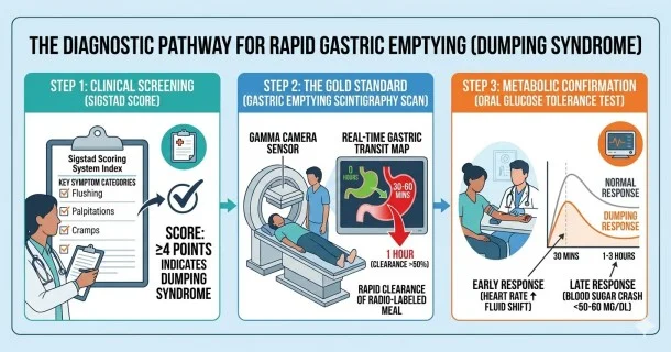 • Medical infographic diagram illustrating the clinical diagnostic pathways for Rapid Gastric Emptying (Dumping Syndrome), showcasing the point-based Sigstad Scoring Checklist, a Gastric Emptying Scintigraphy scan timeline, and an Oral Glucose Tolerance Test graph.