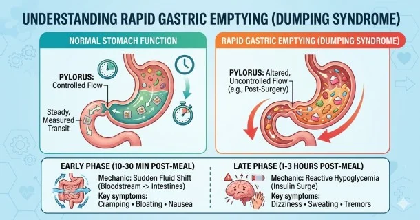• An educational medical infographic introducing Rapid Gastric Emptying (Dumping Syndrome), comparing the timelines, mechanics, and bodily impacts of the Early and Late phases side by side.