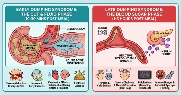• Comprehensive medical infographic mapping out the symptoms of Rapid Gastric Emptying (Dumping Syndrome), showcasing the gastrointestinal fluid shifts of the Early Phase alongside the metabolic reactive hypoglycemia signs of the Late Phase.
