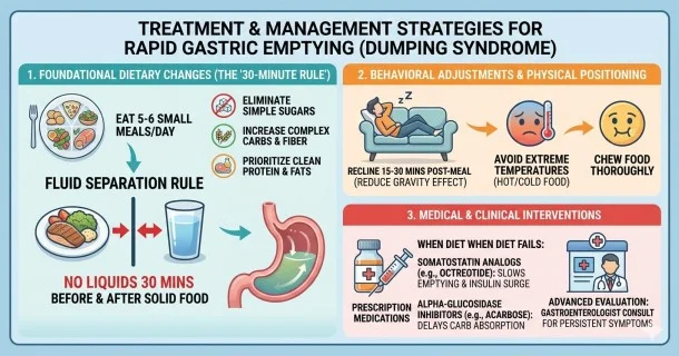 • Comprehensive medical infographic detailing the multidimensional treatment protocols for Rapid Gastric Emptying (Dumping Syndrome), showcasing core dietary modifications, post-meal behavioral adjustments, and prescription pharmacological therapies side by side.