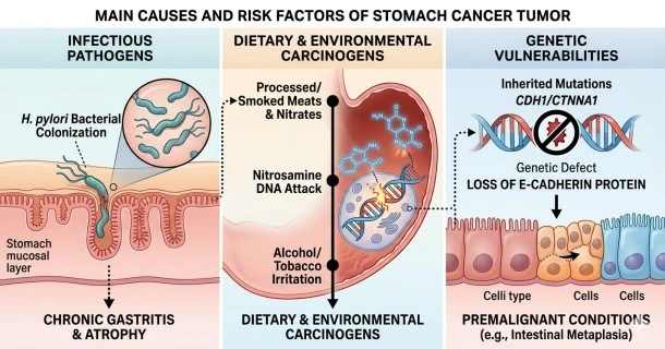 • Medical infographic dividing stomach cancer causes into three primary panels: infectious triggers like H. pylori, environmental elements such as dietary nitrosamines, and inherited genetic vulnerabilities like CDH1 gene mutations.
