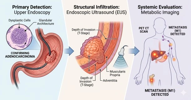 • Medical infographic detailing stomach cancer diagnosis, showing the process of upper endoscopy and mucosal biopsy, endoscopic ultrasound (EUS) measuring wall layer depth, and a PET CT scan for distant TNM staging.