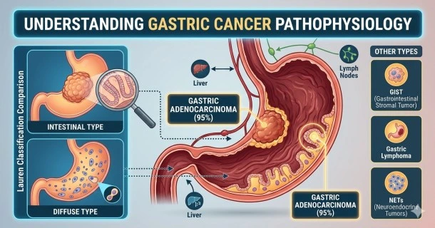 • Medical banner illustration detailing the differences between intestinal-type and diffuse-type gastric adenocarcinomas within the stomach wall layers.