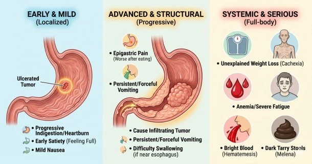 • Medical infographic dividing stomach cancer symptoms into two categories: early warning signs like indigestion and early satiety, and advanced markers including deep epigastric pain, progressive weight loss, and dark tarry stools.