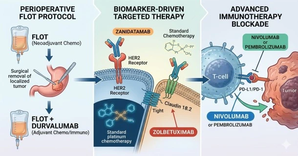 Medical banner infographic showing stomach cancer management options: surgical resections (gastrectomy and Roux-en-Y), intensive perioperative FLOT chemotherapy protocol, and molecular targeted biological therapies for HER2 and Claudin 18.2 positive receptors.
