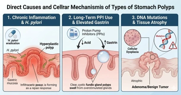 • Medical infographic depicting the cellular triggers of gastric polyps: hyperplastic polyps from H. pylori infection, fundic gland polyps from chronic PPI use, and gastric adenomas from tissue atrophy.