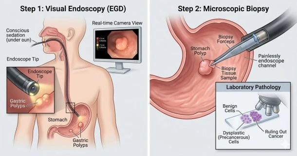 Medical graphic detailing the upper endoscopy process for stomach polyps: real-time visual inspection with an endoscope camera and safe tissue collection via biopsy forceps.