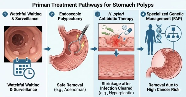 Medical infographic depicting the core management strategies for gastric polyps: active surveillance for small benign lesions, endoscopic polypectomy via a wire snare, and H. pylori antibiotic therapy.