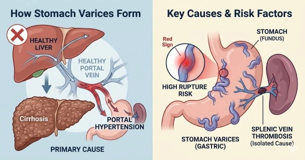 Medical diagram detailing the structural causes of gastric varices, highlighting portal hypertension, liver cirrhosis scar tissue, and blocked flow in the splenic vein routing back to the stomach lining.