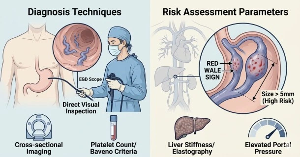 Medical infographic demonstrating stomach varices diagnosis via upper endoscopy (EGD) screening along with structural rupture risk indicators like vein size and the red wale sign.