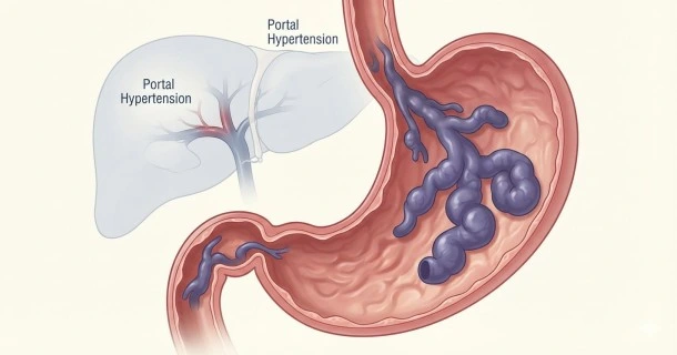 Medical illustration showing enlarged, swollen gastric varices (veins) within the lining of a human stomach due to portal hypertension.