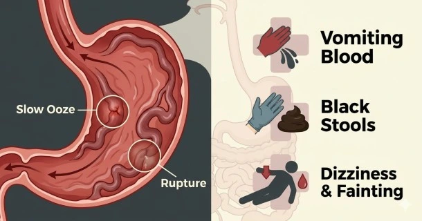 • A medical vector graphic illustrating the internal stomach lining alongside key icons indicating emergency clinical warning signs like dizziness, shock, and gastrointestinal bleeding.