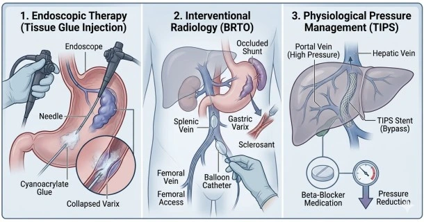 • Medical infographic illustrating primary stomach varices treatment options including endoscopic cyanoacrylate tissue glue injection, radiological BRTO, and a TIPS liver stent.