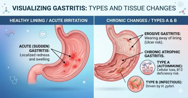 • A medical infographic illustrating the types of gastritis, comparing acute erosive tissue inflammation on one side with chronic atrophic stomach lining changes on the other.